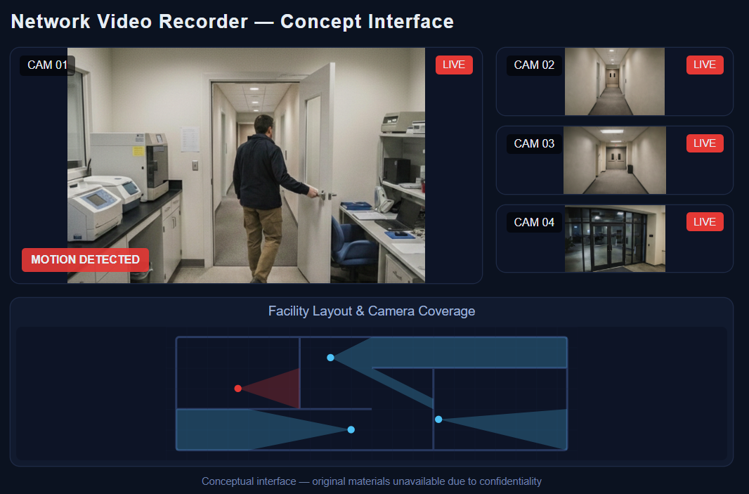 Intelligent Network Video Recorder mockup showing real-time monitoring interface