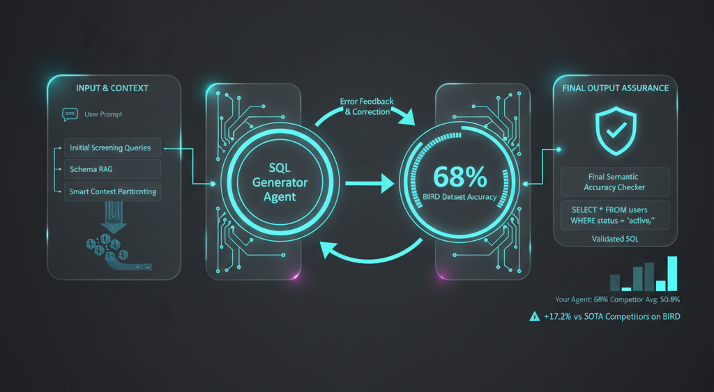 Multi-Agent SQL Pipeline mockup showing database agents and SQL query validation interface