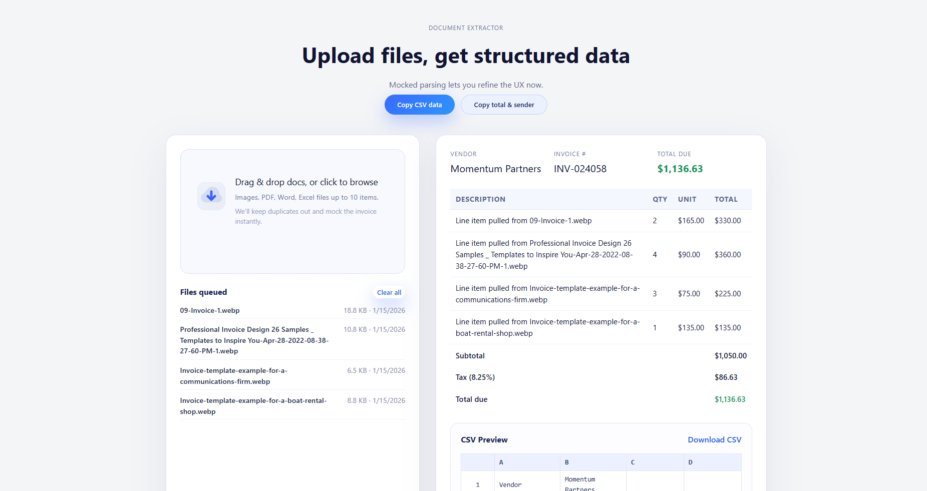 Invoice Transformer mockup showing PDF to Excel conversion interface