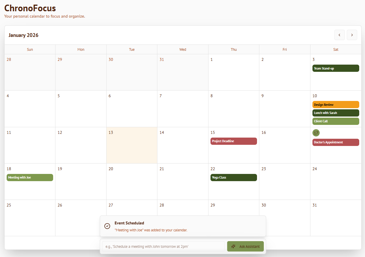 Tool-Call Calendar Model mockup showing AI calendar management interface